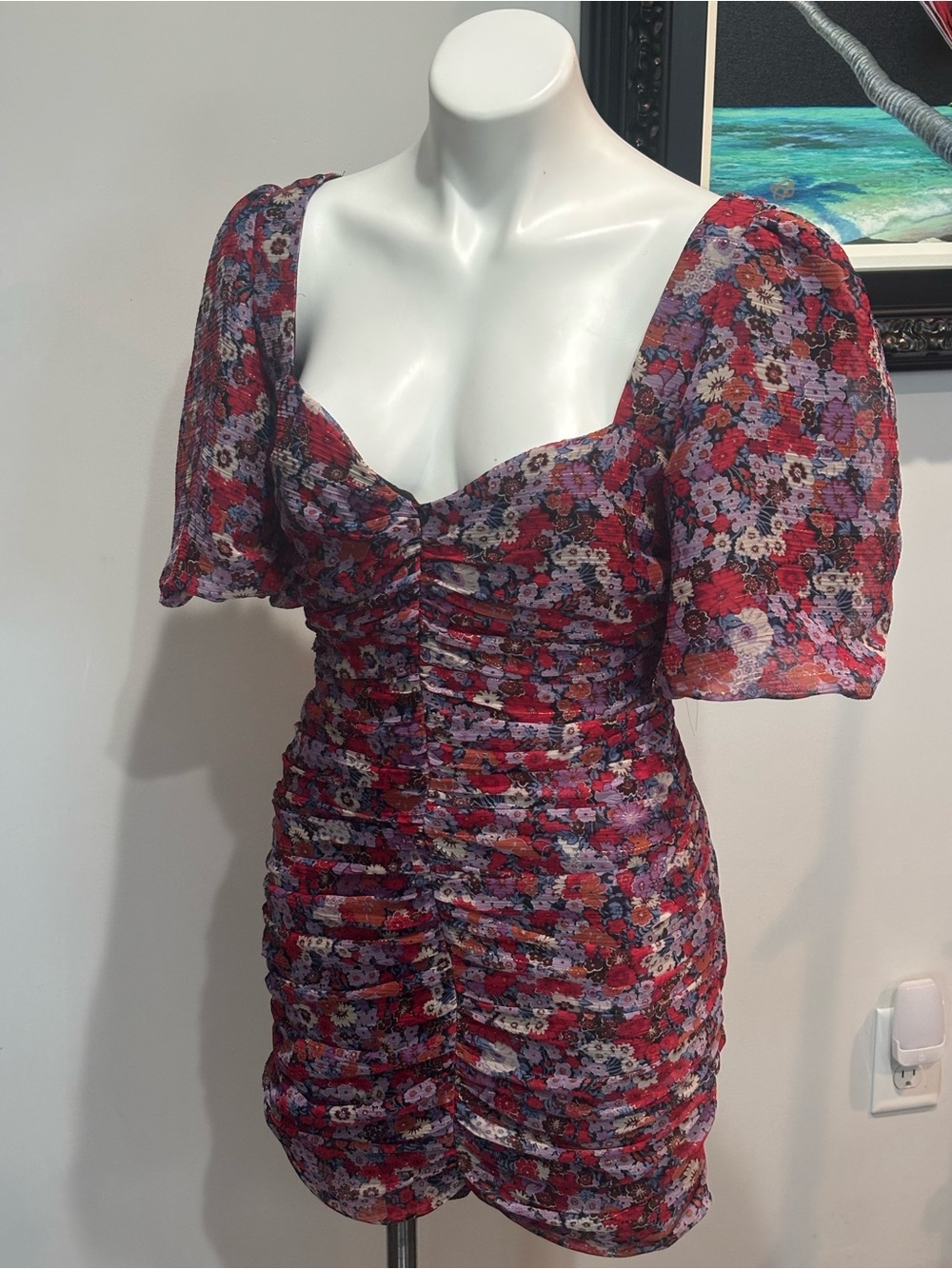 Zara Red and Purple Floral Ruched Puff-Sleeve Bodycon Mini Dress